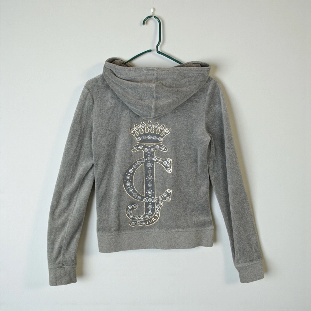 Vintage Juicy Couture Velvet Full Zip Hoodie Womens Medium Gray Jeweled logo Y2k